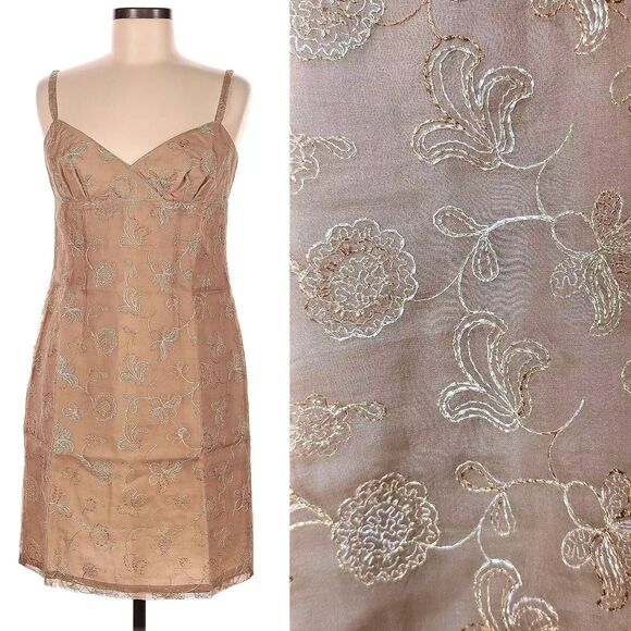 Vintage 90s Shelli Segal Silk Dress Mini Cream Floral Brocade Fairy Regency M - Picture 1 of 12